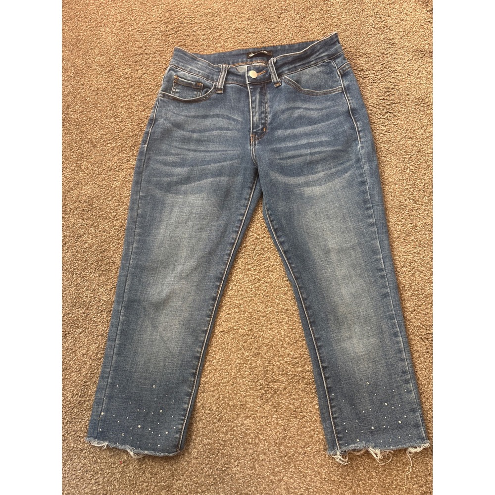 Vocal Cropped Jeans Womens Medium Blue Excellent Rhinestone Raw Hem FM1396P